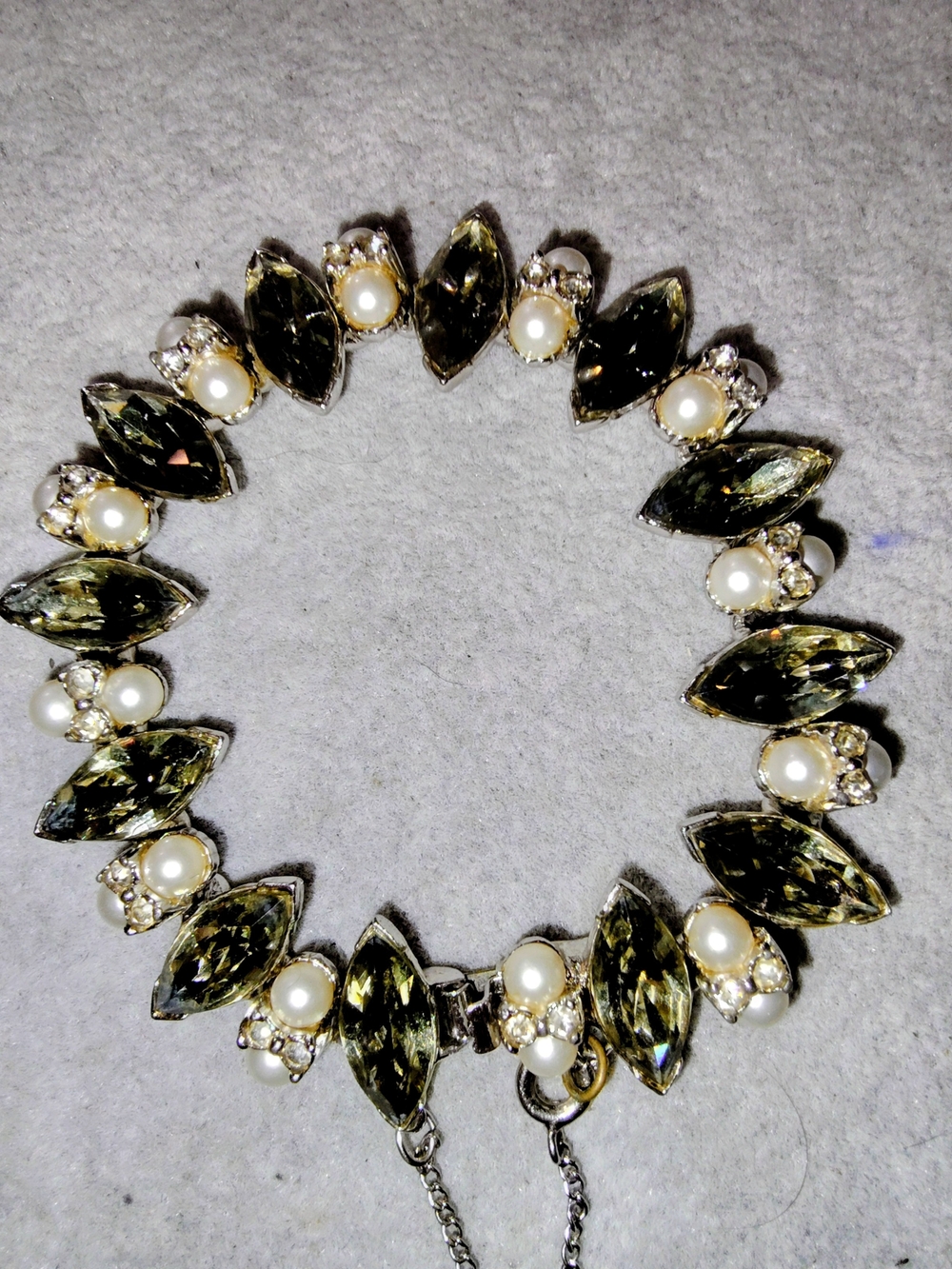Bogoff 1960s Smokey Grey/Olive Rhinestone Marquise With Pearl Cluster  Bracelet